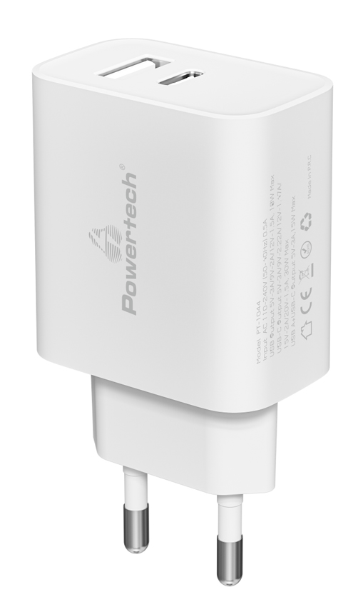 POWERTECH φορτιστής τοίχου PT-1044, USB & USB-C, PD QC3.0, 30W, λευκός