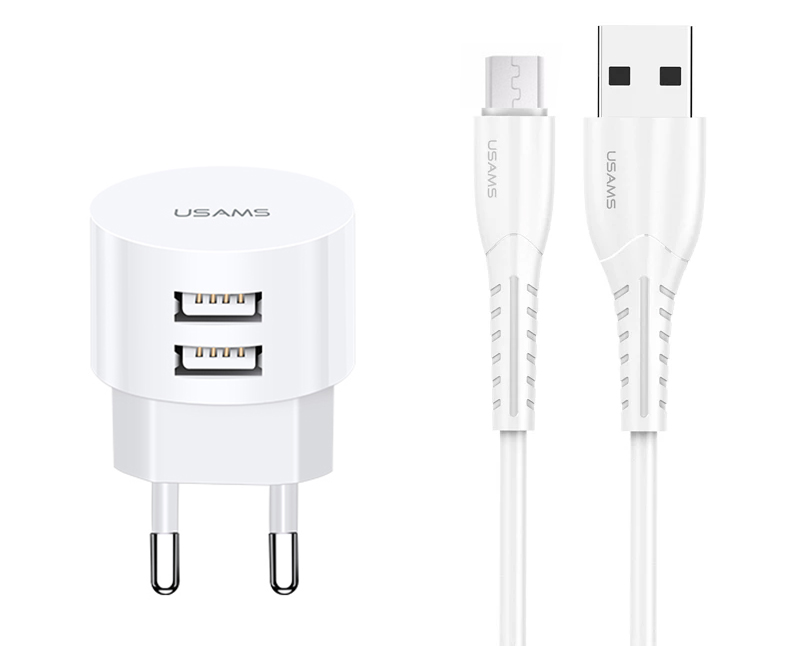 USAMS φορτιστής τοίχου T20 & καλώδιο Micro USB, 2x USB, 2.1A, λευκός