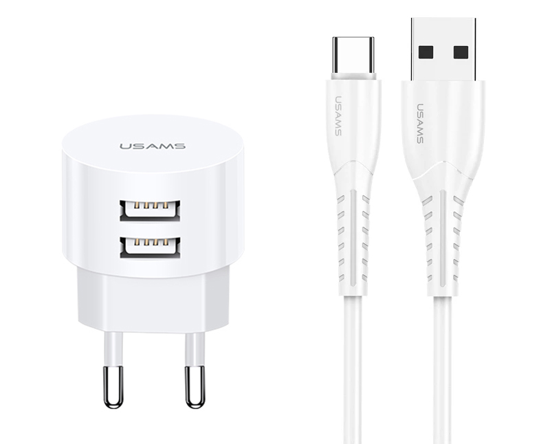 USAMS φορτιστής τοίχου T20 & καλώδιο type-C, 2x USB, 2.1A, λευκός