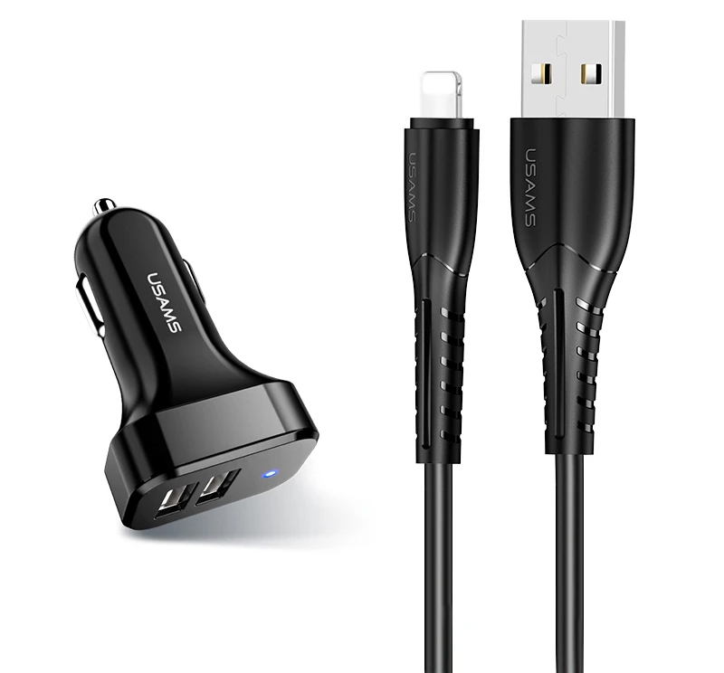 USAMS φορτιστής αυτοκινήτου C13 & καλώδιο Lightning, 2x USB, 2.1A, μαύρο