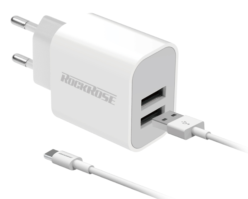 ROCKROSE φορτιστής τοίχου RRTCC02CEU, καλώδιο USB-C, 2x USB 12W, λευκός