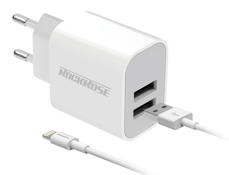 ROCKROSE φορτιστής τοίχου RRTCC02LEU καλώδιο Lightning, 2xUSB 12W, λευκό