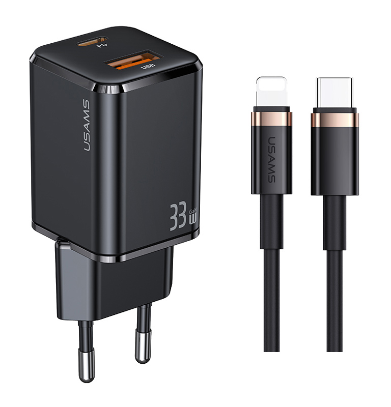 USAMS φορτιστής τοίχου USKTZ01, καλώδιο Lightning, USB-C/USB 33W, μαύρος