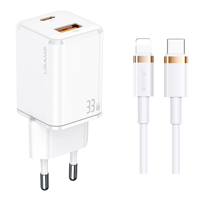 USAMS φορτιστής τοίχου USKTZ02, καλώδιο Lightning, USB-C/USB 33W, λευκός