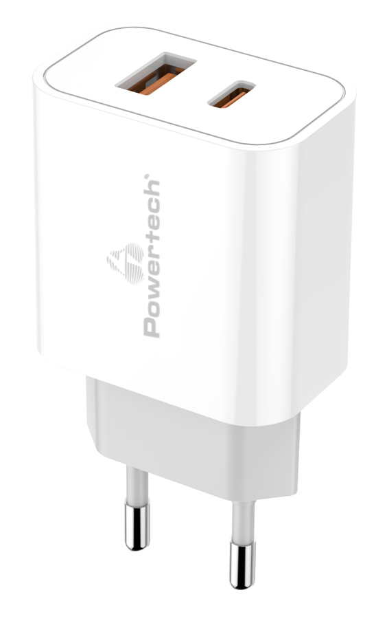 POWERTECH φορτιστής τοίχου PT-1025, USB & USB-C, PD QC3.0, 30W, λευκός