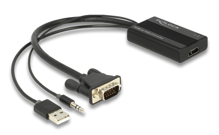 DELOCK αντάπτορας HDMI σε VGA & 3.5mm/USB 64172, 1080p, 25cm, μαύρος