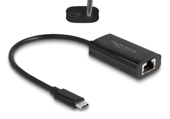 DELOCK αντάπτορας USB-C σε RJ45 & USB-C 61026, 100W, 1000Mbps, μαύρος