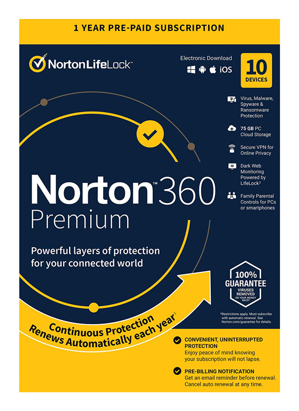 NORTON Antivirus 360 Premium ESD, 10 συσκευές, 75GB cloud, 1 έτος